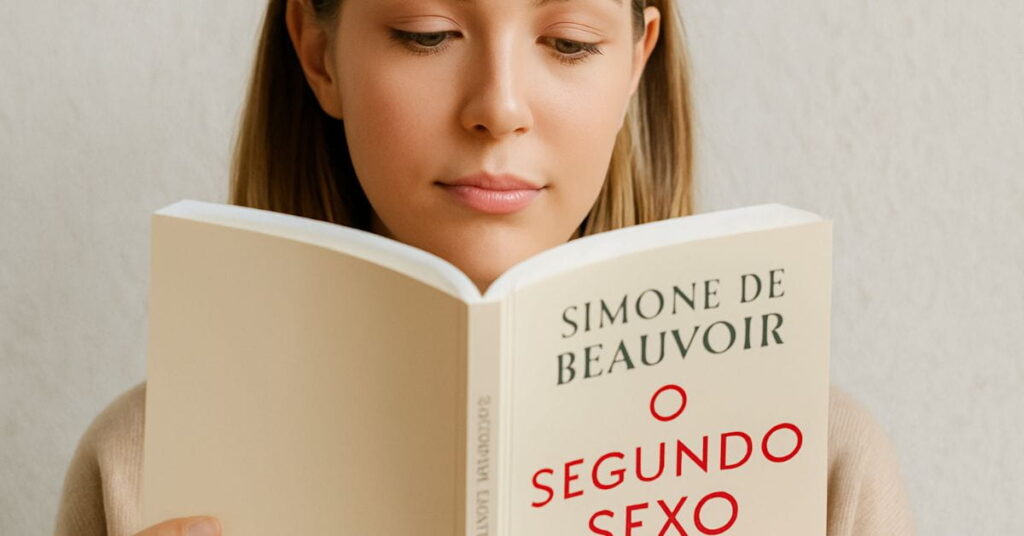 Mulher lendo o livro O Segundo Sexo de Simone de Beauvoir, obra clássica acerca de filosofia e autoconhecimento