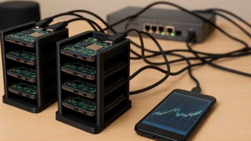 Três torres de celulares antigos reutilizados, conectados por cabos e organizados em suportes impressos em 3D, representam minicentros de dados sustentáveis usados para monitorar cidades inteligentes.