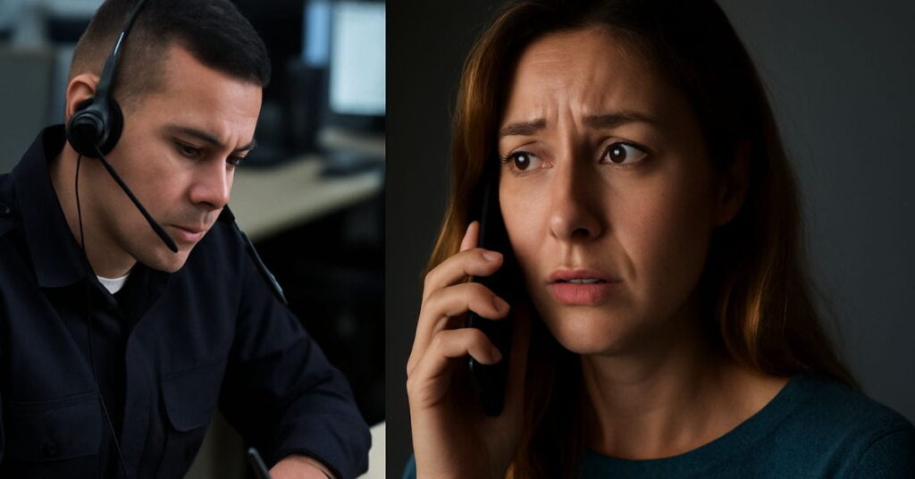 Mulher com medo ao telefone e policial atento registrando chamado