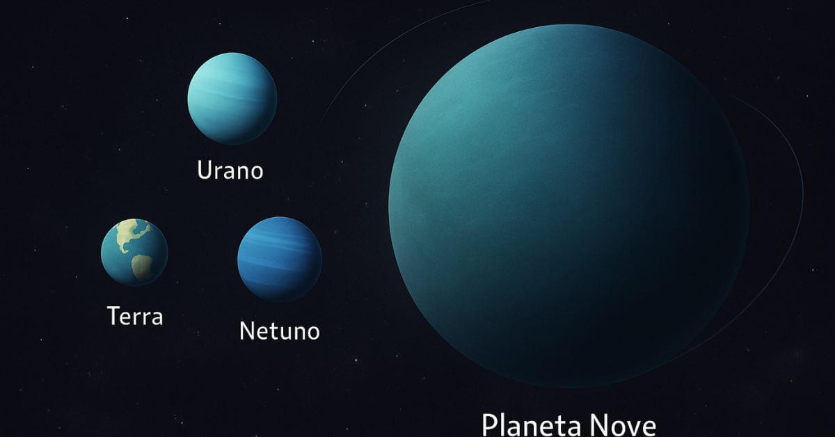 Planeta Nove ao lado de Urano, Netuno e Terra no espaço