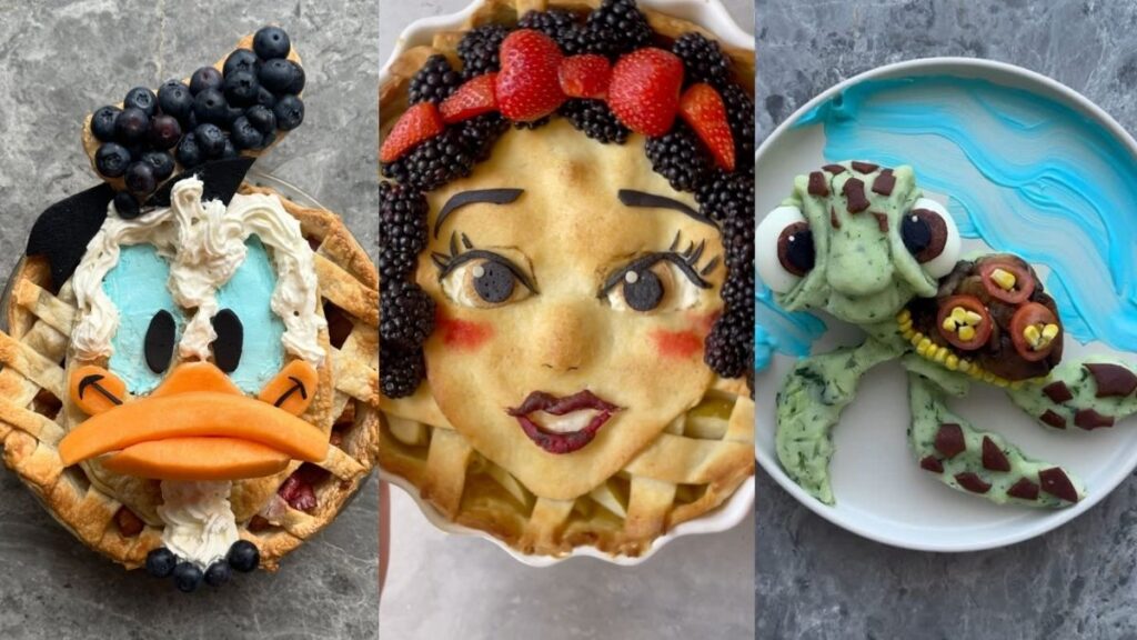 Prato artístico com alimentos em formato de comida, representando personagens feitos com ingredientes naturais como vegetais, frutas e grãos.