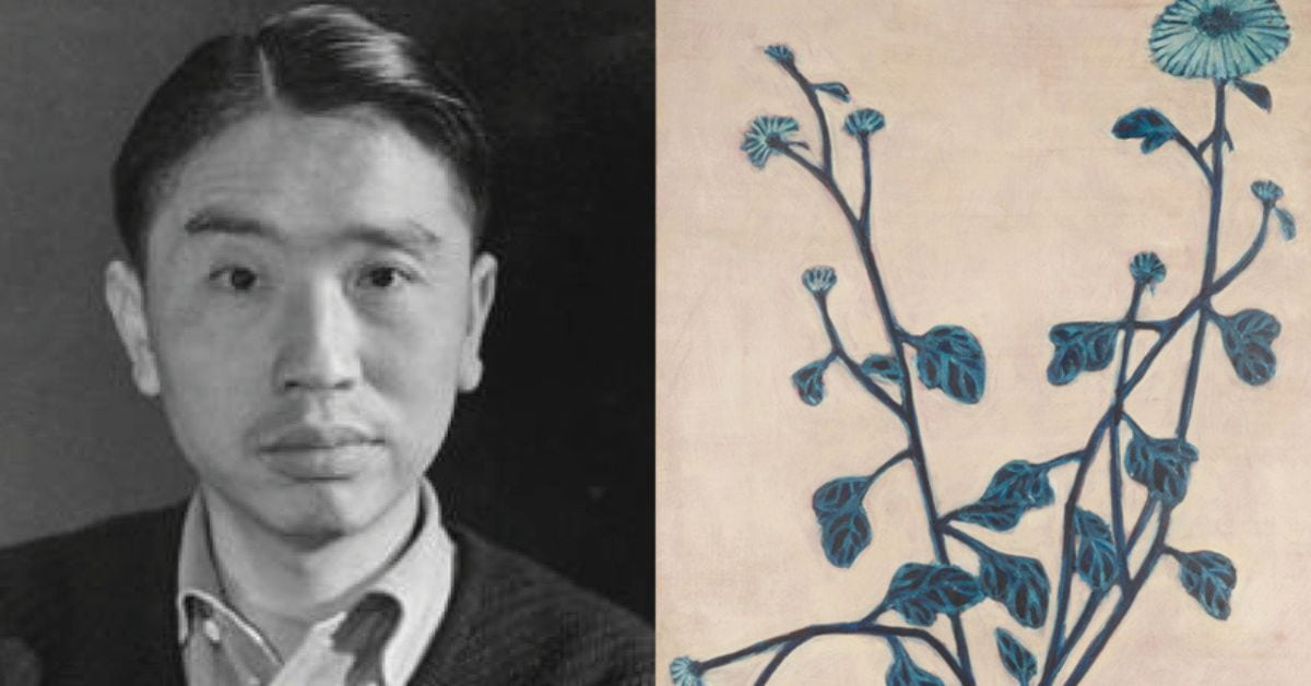Retrato de artista asiático ao lado de obra floral em estilo moderno