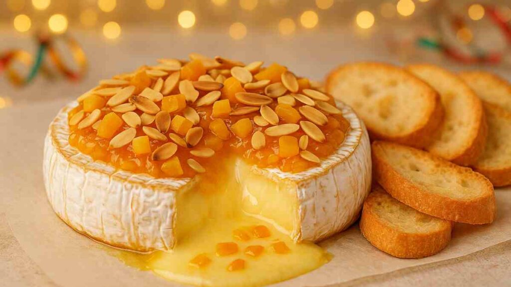 Receita para festa com queijo brie, damasco e amêndoas