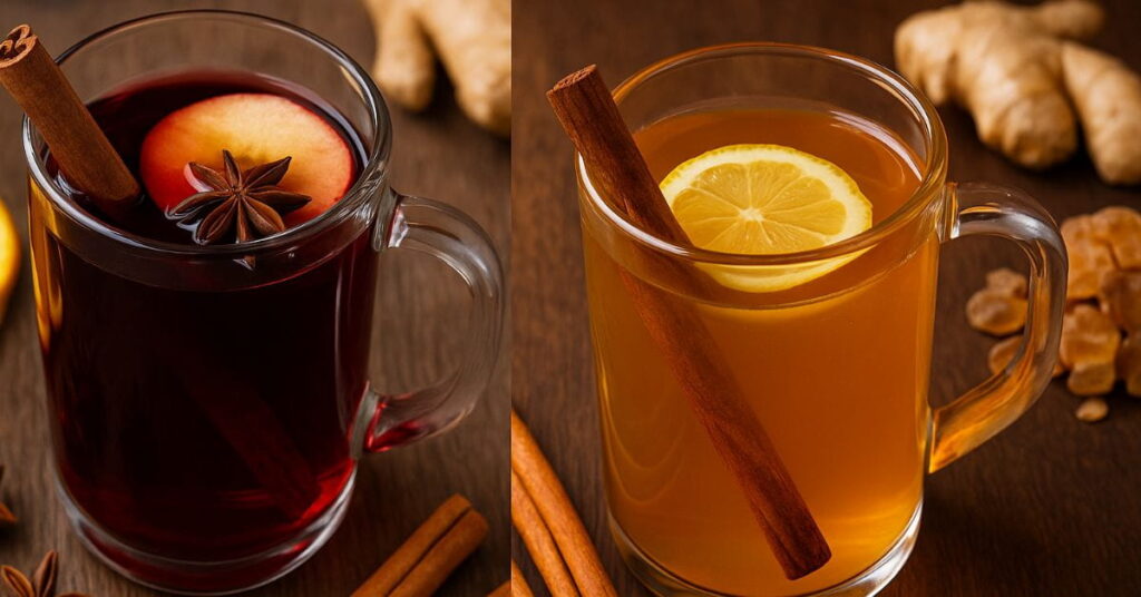 Imagem comparativa mostra duas bebidas típicas de festa junina: vinho quente com especiarias e frutas, e quentão com gengibre, limão e canela.