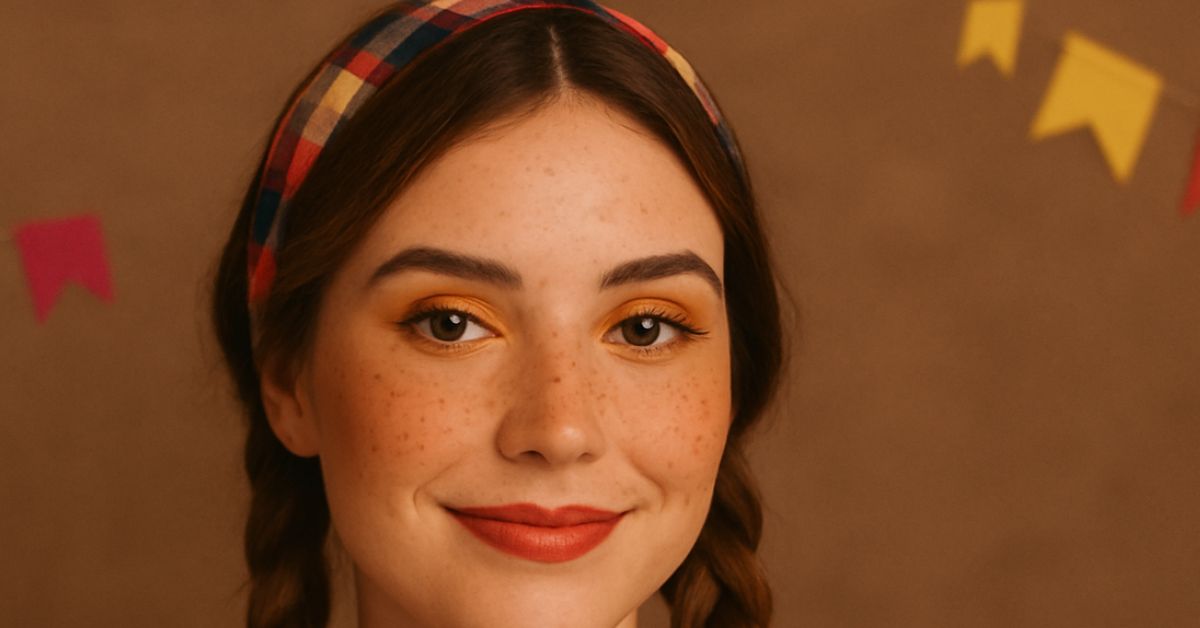 Jovem com maquiagem com sardas para festas juninas, usando tranças, sombra colorida e blusa xadrez, com bandeirinhas no fundo