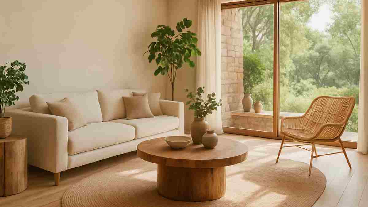 Tendência natural chic transforma o lar em um refúgio de equilíbrio. Sala com decoração no estilo tendência natural chic, com móveis sustentáveis e luz natural.