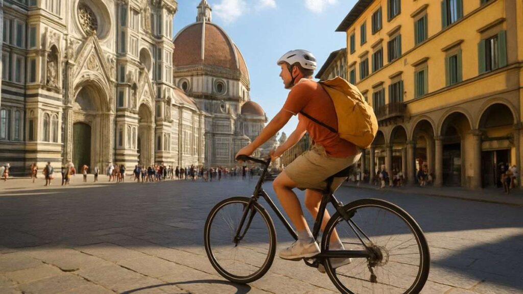 Cidade italiana veta carros e ciclista pedala em frente à catedral de Florença em área livre de automóveis.
