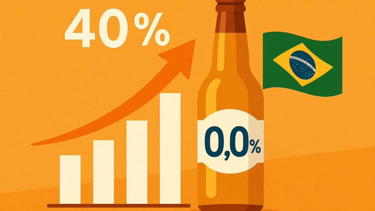 Ilustração com garrafa de cerveja rotulada "0,0%", gráfico de barras ascendentes com seta laranja e percentual "40%", e bandeira do Brasil ao fundo, representando o crescimento do consumo de cerveja zero álcool no país.
