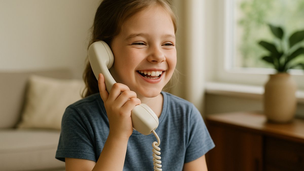 Criança usando pod de telefonia fixa com expressão alegre