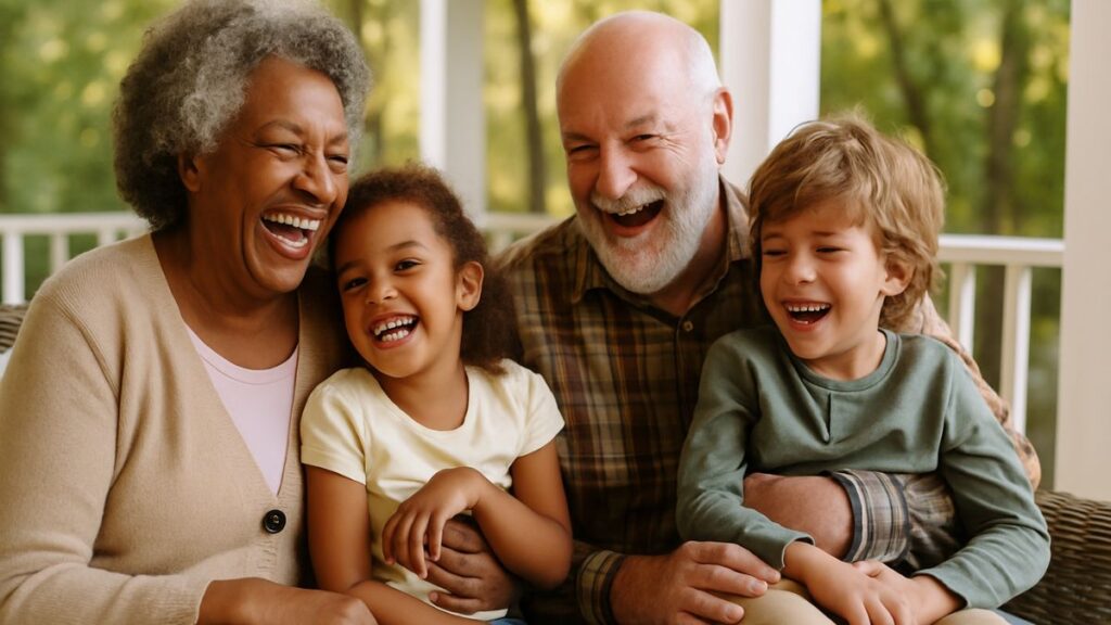 Avós e netos sorrindo juntos ao ar livre, representando a Reflexão sobre o Dia dos Avós.