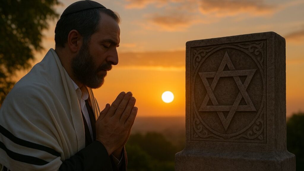 Homem judeu orando ao lado de estrela de Davi durante o Dia Global do Perdão