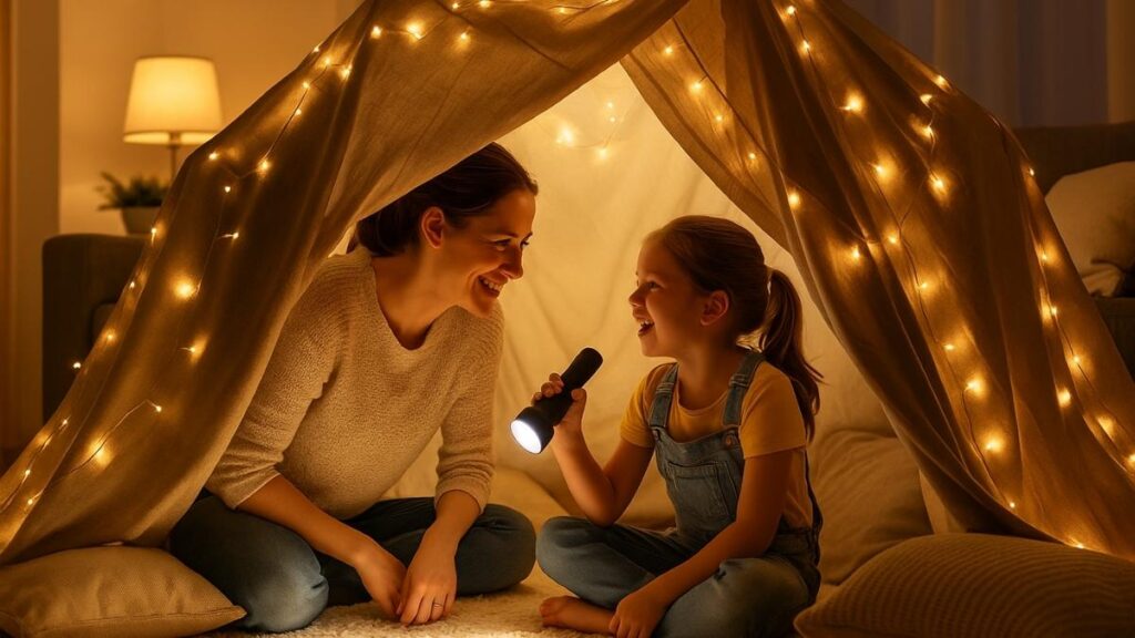 Mãe e filha brincam em um acampamento indoor montado na sala, ideia de o que fazer nas férias com crianças.