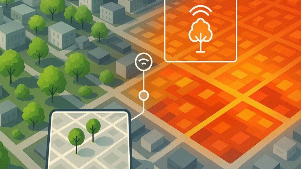 Sensores para plantio de árvores - Vista aérea de uma cidade com sensores e mapas de calor indicando onde árvores serão plantadas para reduzir ilhas de calor.