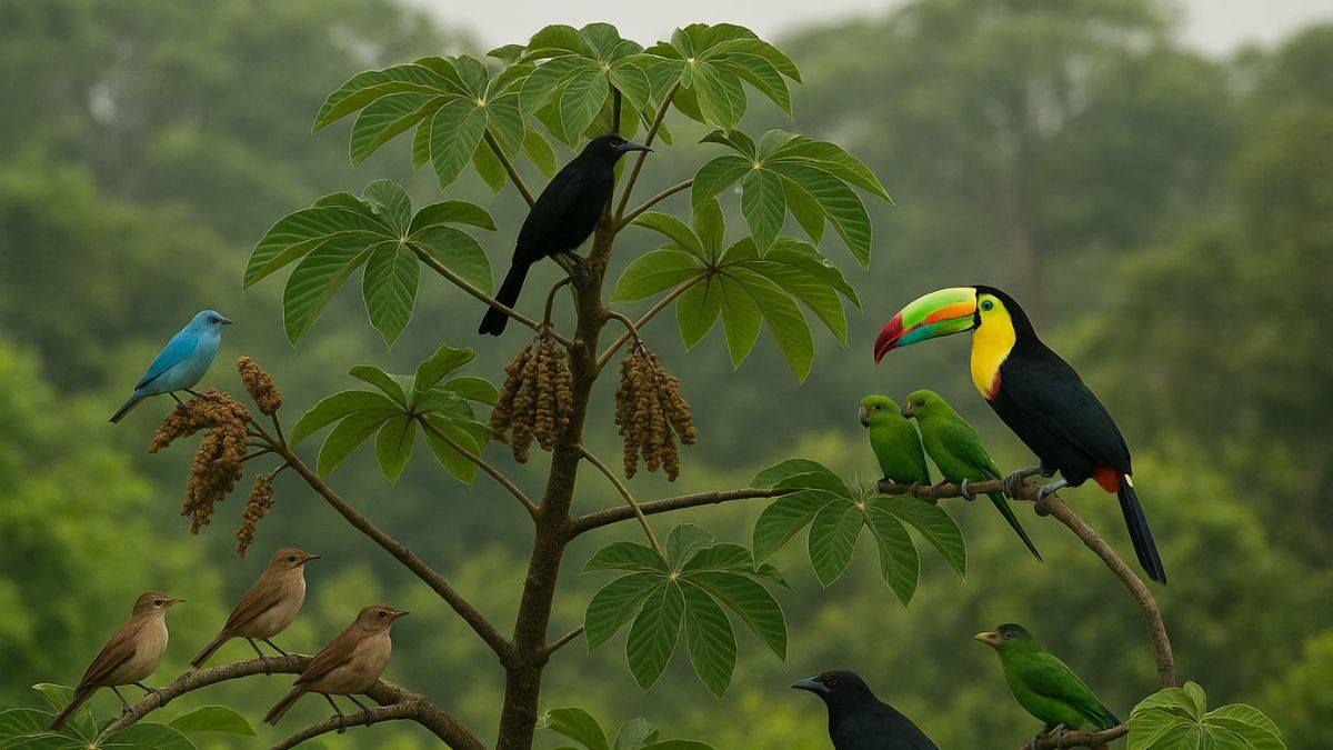 A árvore que atrai pássaros, como a embaúba, oferece alimento e abrigo para aves e contribui na regeneração das florestas nativas.