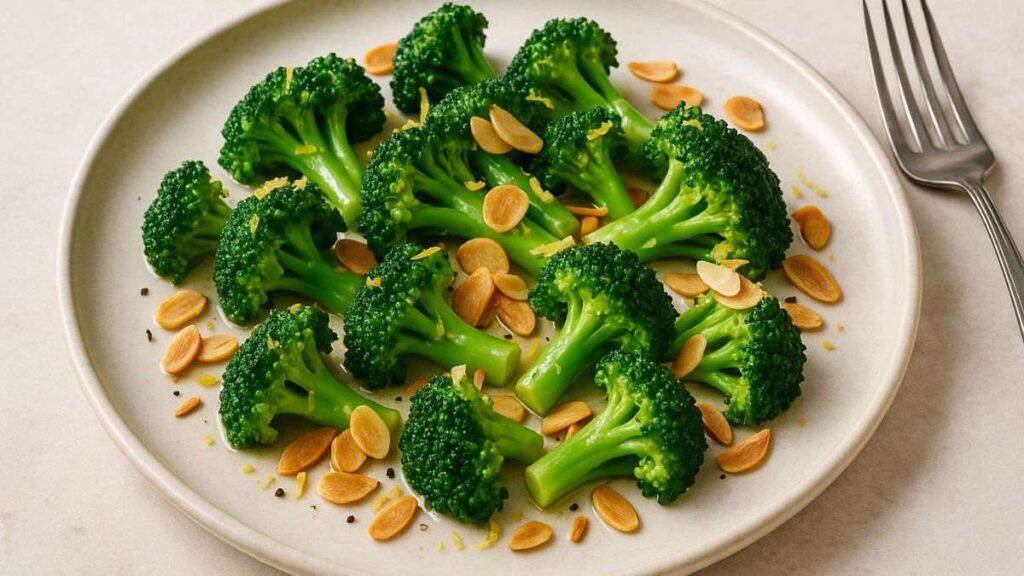 receita de brócolis ao alho e óleo servida em prato sofisticado