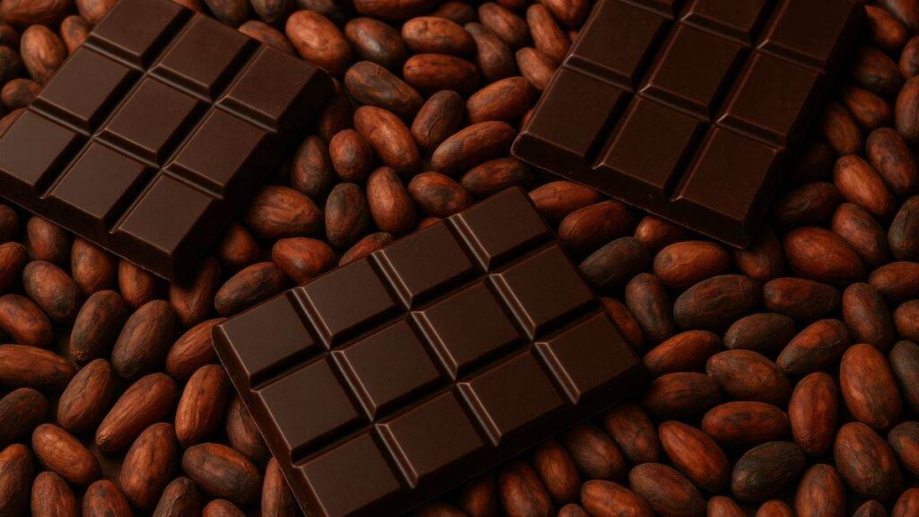 barras artesanais de chocolate de verdade cercadas por sementes de cacau.