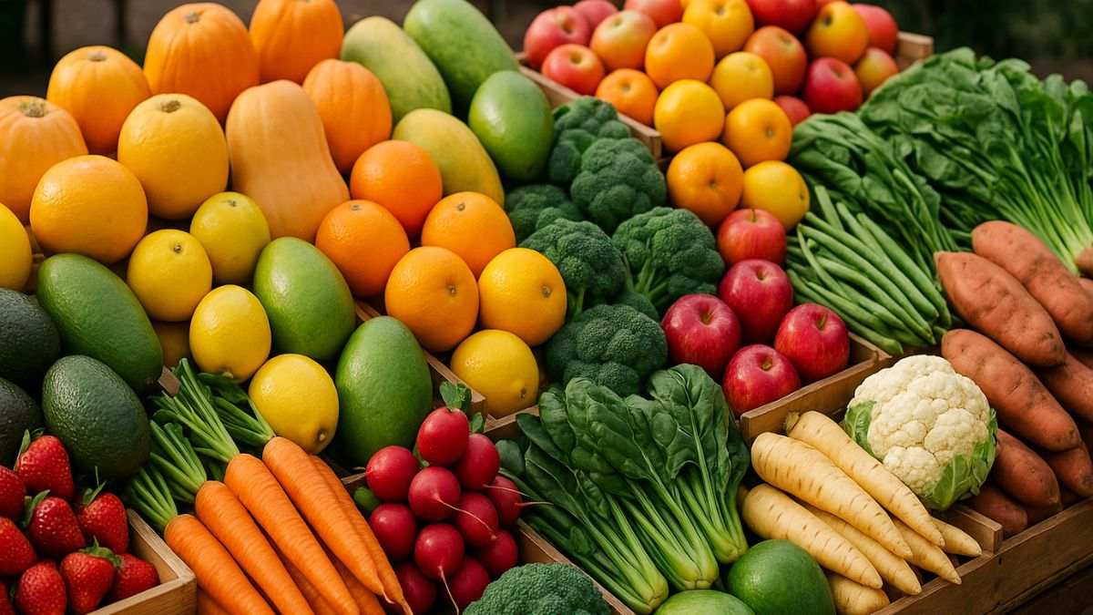 frutas e legumes de agosto frescos expostos em uma feira livre