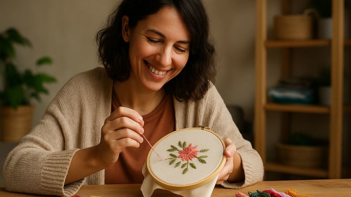 Mulher bordando com tranquilidade como exemplo de hobbies em 2025 que promovem bem-estar e reconexão.