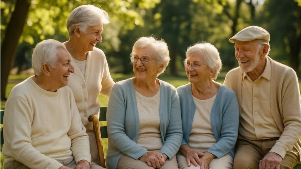 Lugares onde se vive mais de 100 anos: grupo de idosos sorridentes em comunidade das zonas azuis.