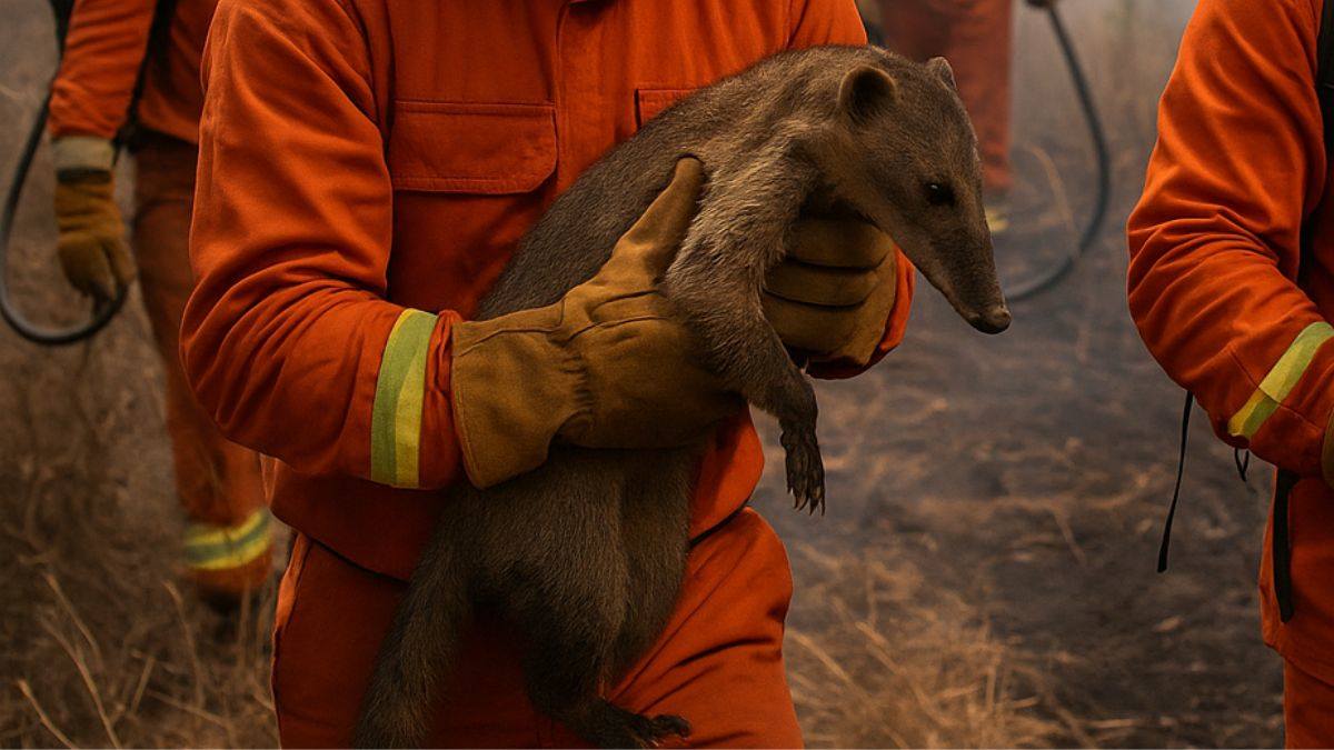 Brigadistas resgatando animais durante incêndio florestal em São Paulo, com foco no bem-estar da fauna silvestre.