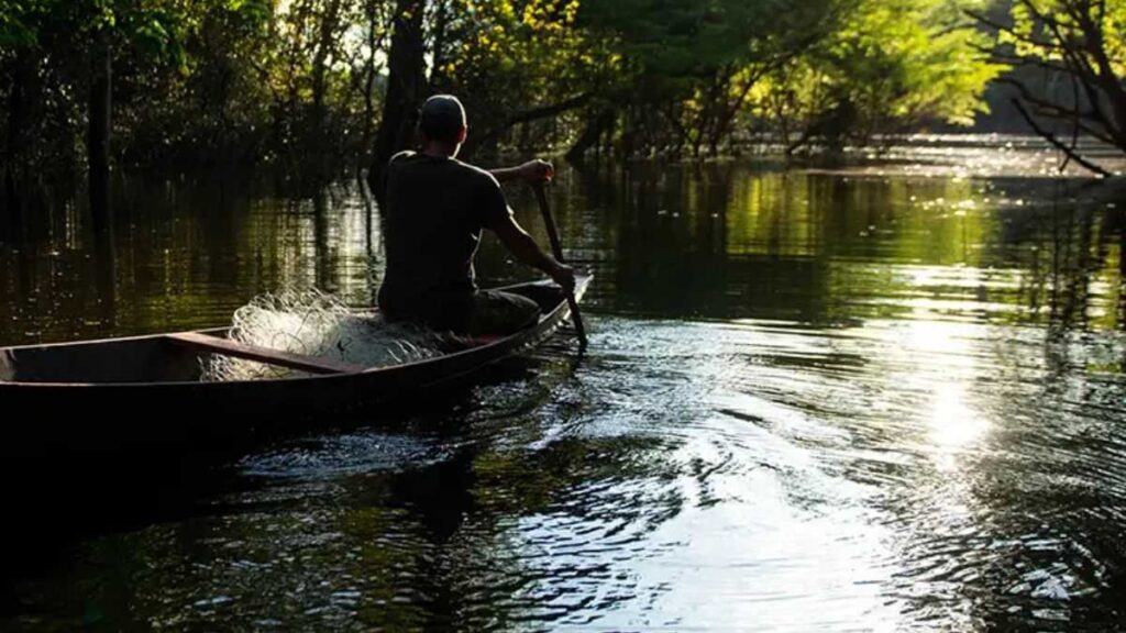 Homem em canoa remando em rio amazônico cercado por árvores, representando a conexão entre povos tradicionais e a natureza no Dia da Amazônia.