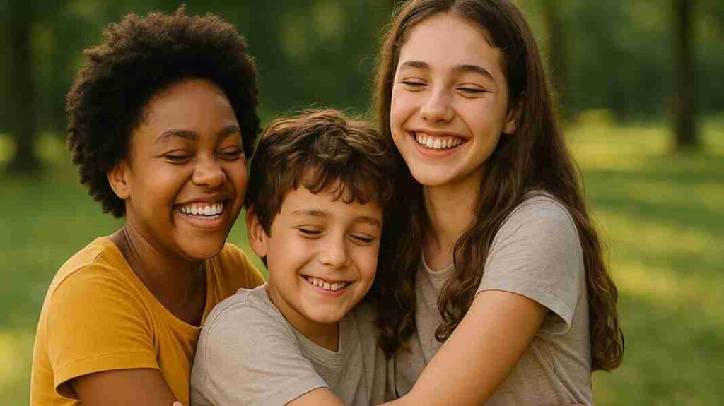 Três irmãos sorridentes se abraçam em um parque ensolarado, simbolizando amizade, união e fraternidade no Dia do Irmão 2025.