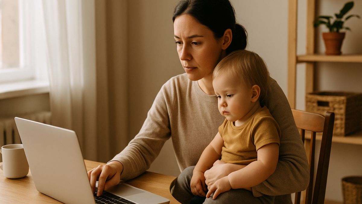 Mulher ilustra a economia do cuidado, dividindo atenção entre trabalho doméstico e profissional.