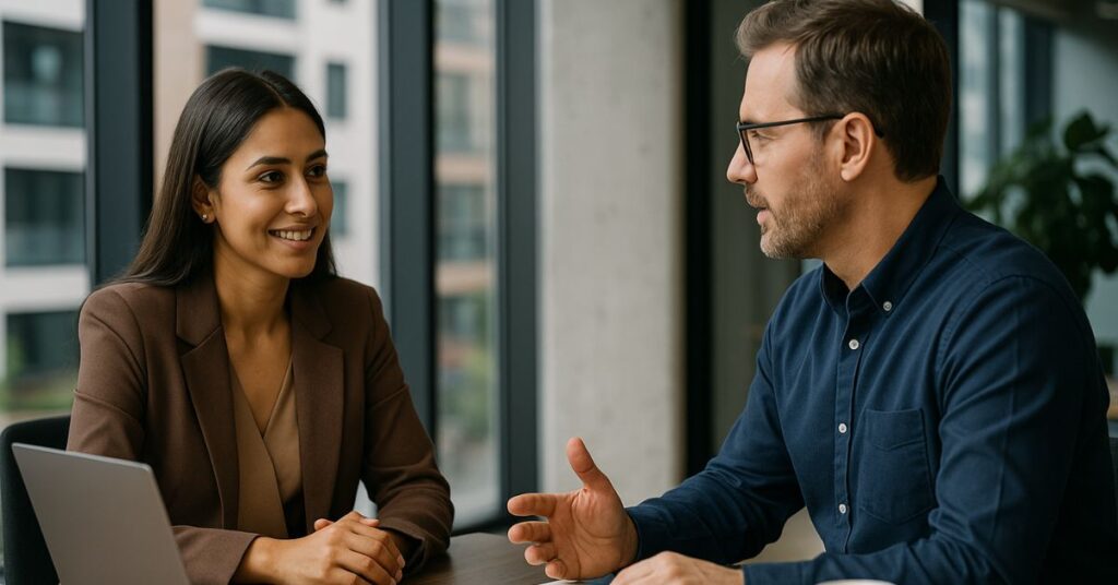Reunião 1:1 no trabalho entre líder e colaborador em ambiente corporativo moderno.