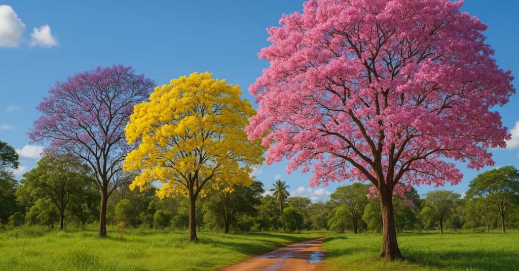 Início da primavera no Brasil com árvores floridas.