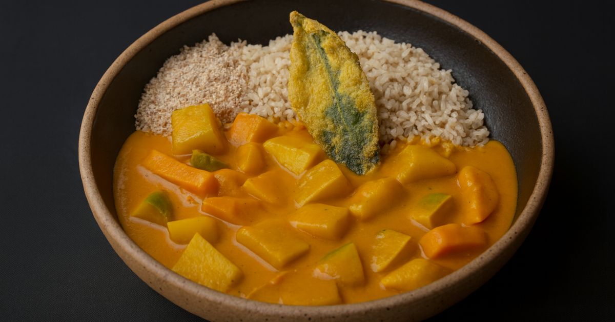 plantas comestíveis pANCS- Um prato de cerâmica rústica com moqueca de legumes no leite de coco com dendê, servido com arroz integral, farofa e um peixinho-da-horta empanado no topo. A composição colorida une tons vibrantes de laranja do molho, dourado do empanado e o bege do arroz, destacando a estética acolhedora e natural da culinária do restaurante La Rouge, em Porto Alegre.