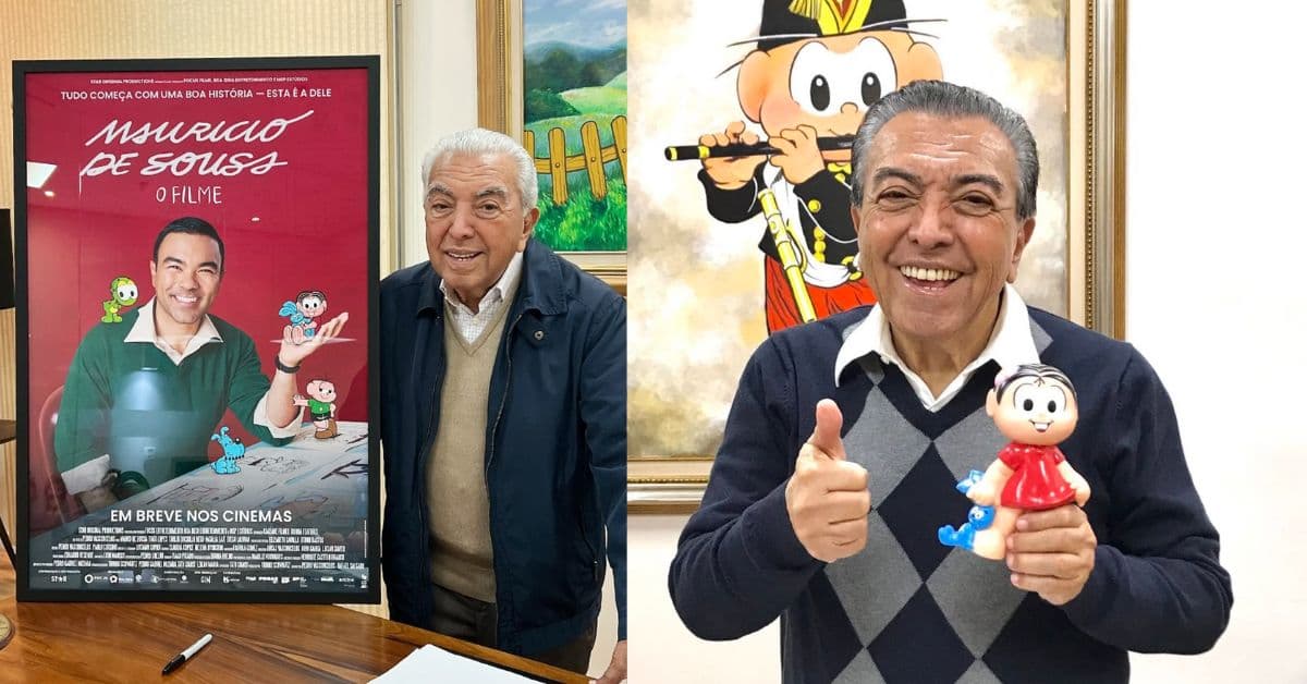 Maurício de Sousa posa sorridente ao lado do pôster do filme que celebra seus 90 anos