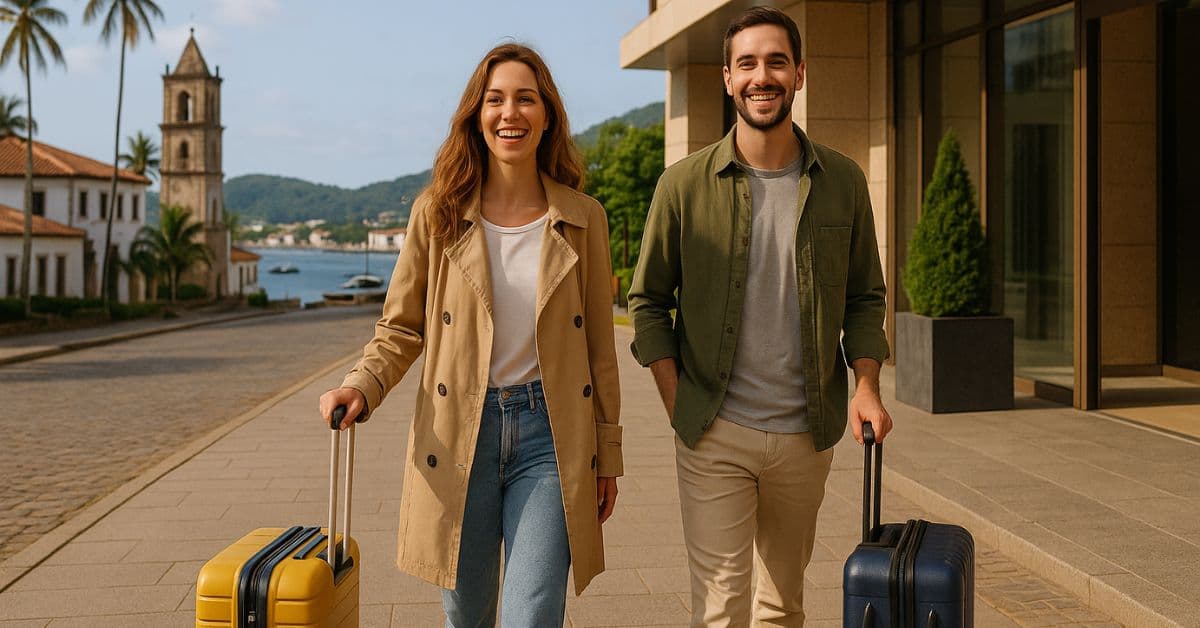 Casal aproveita o novo padrão de diárias de hotéis de 24 horas em destinos turísticos da Bahia, símbolo de um turismo mais acolhedor e equilibrado.