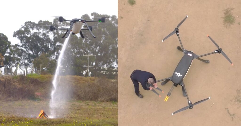 Drone autônomo combate foco de incêndio enquanto técnico prepara outro equipamento no solo.