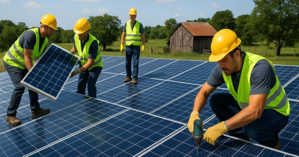 técnicos instalam painéis solares em cooperativa rural – empregos verdes no Brasil