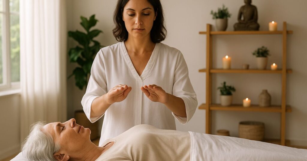 poder curativo do toque - sessão de Reiki em ambiente iluminado e sereno