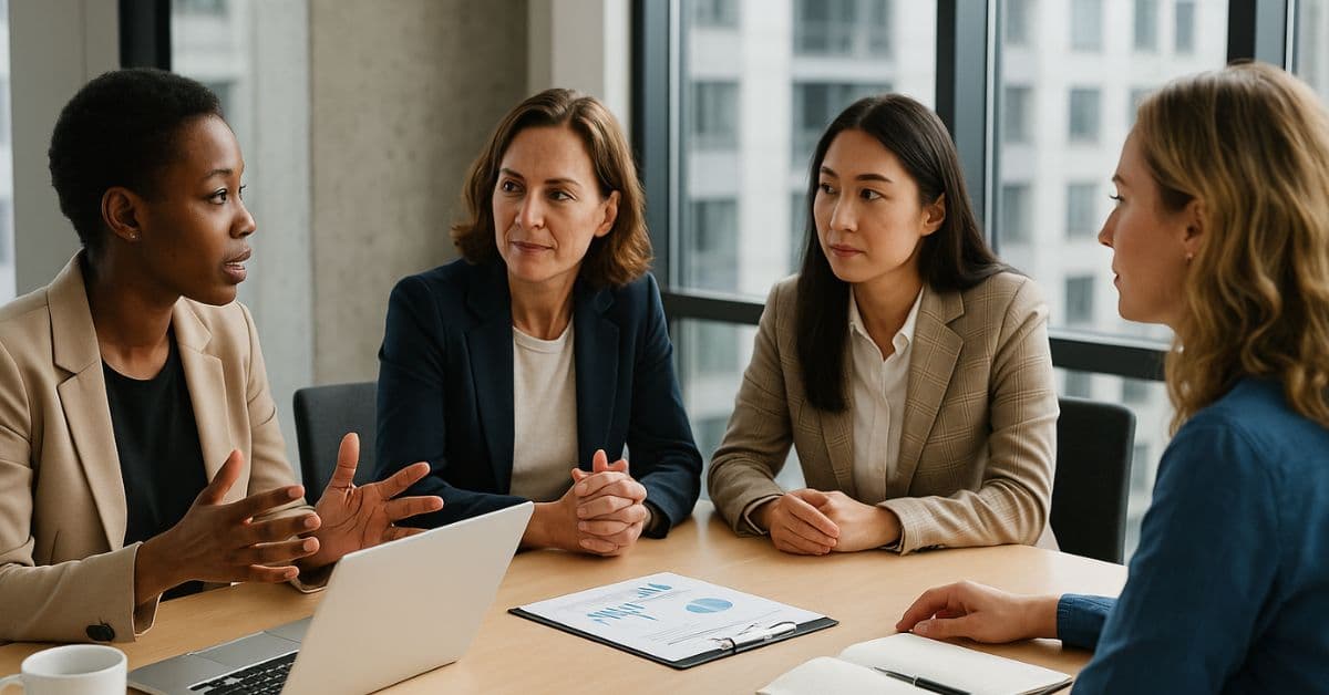 Mulheres líderes discutem estratégias de inovação em ambiente corporativo moderno.