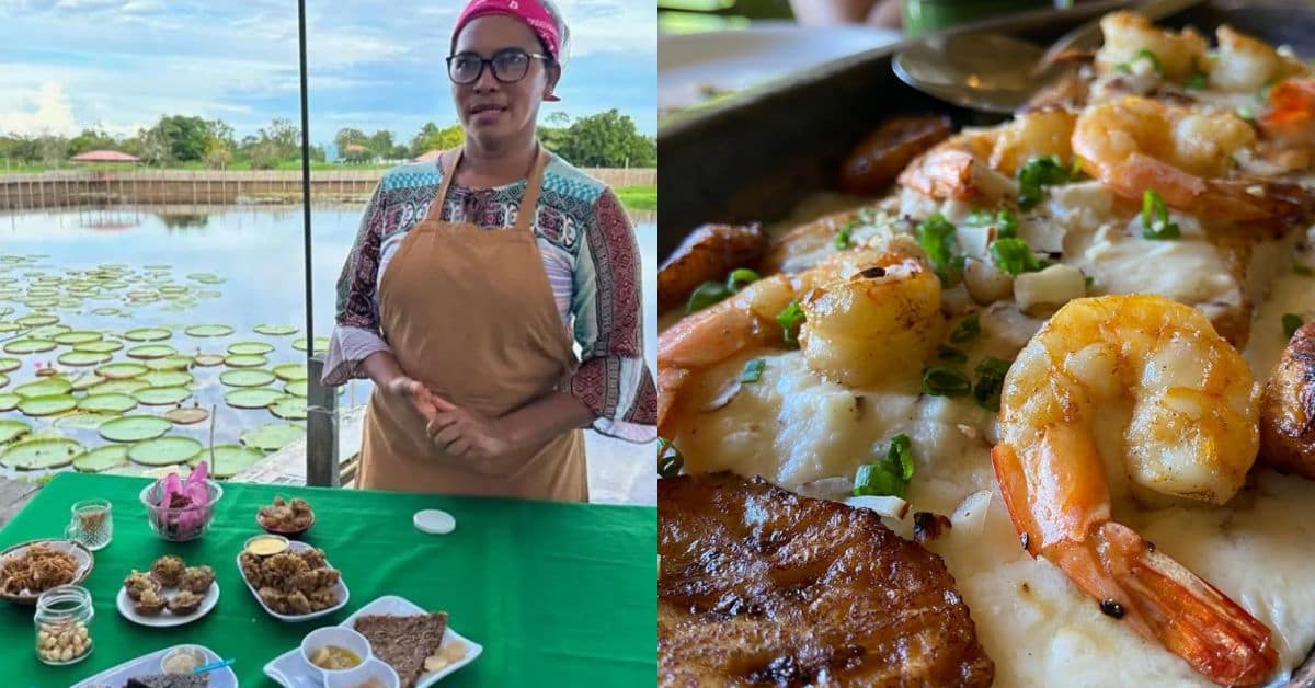 Dulce Oliveira e suas criações com a vitória-régia, ao lado do pirarucu grelhado da Casa do Saulo, símbolos do turismo gastronômico na Amazônia
