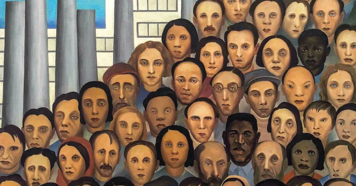 Exposição 140 anos de Tarsila do Amaral (1) - “Pintura ‘Operários’, de Tarsila do Amaral, representa diversidade e modernismo na exposição 140 anos de Tarsila do Amaral.”