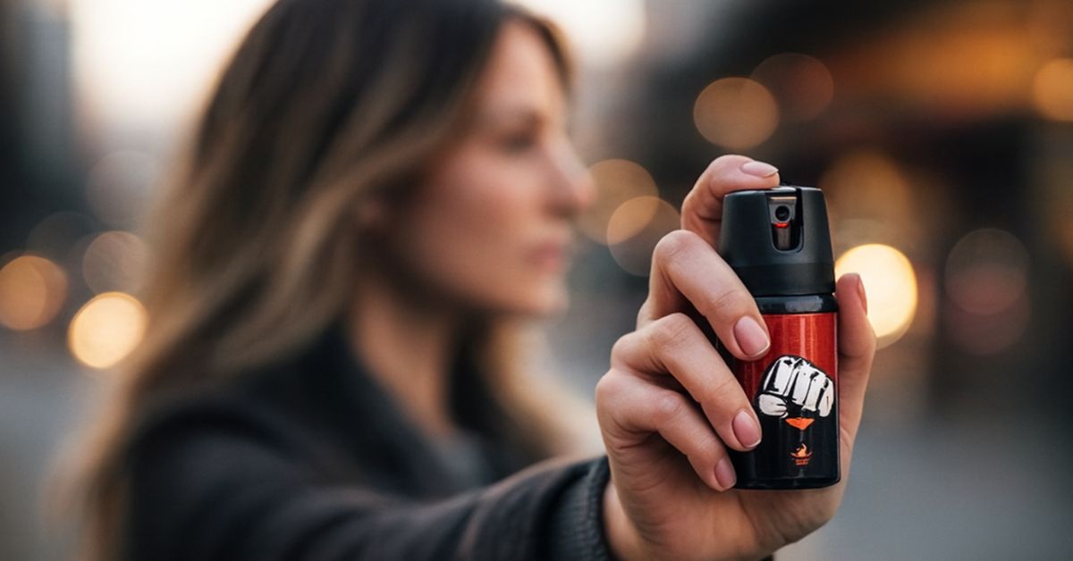 mulher segurando spray de defesa feminino em ambiente urbano
