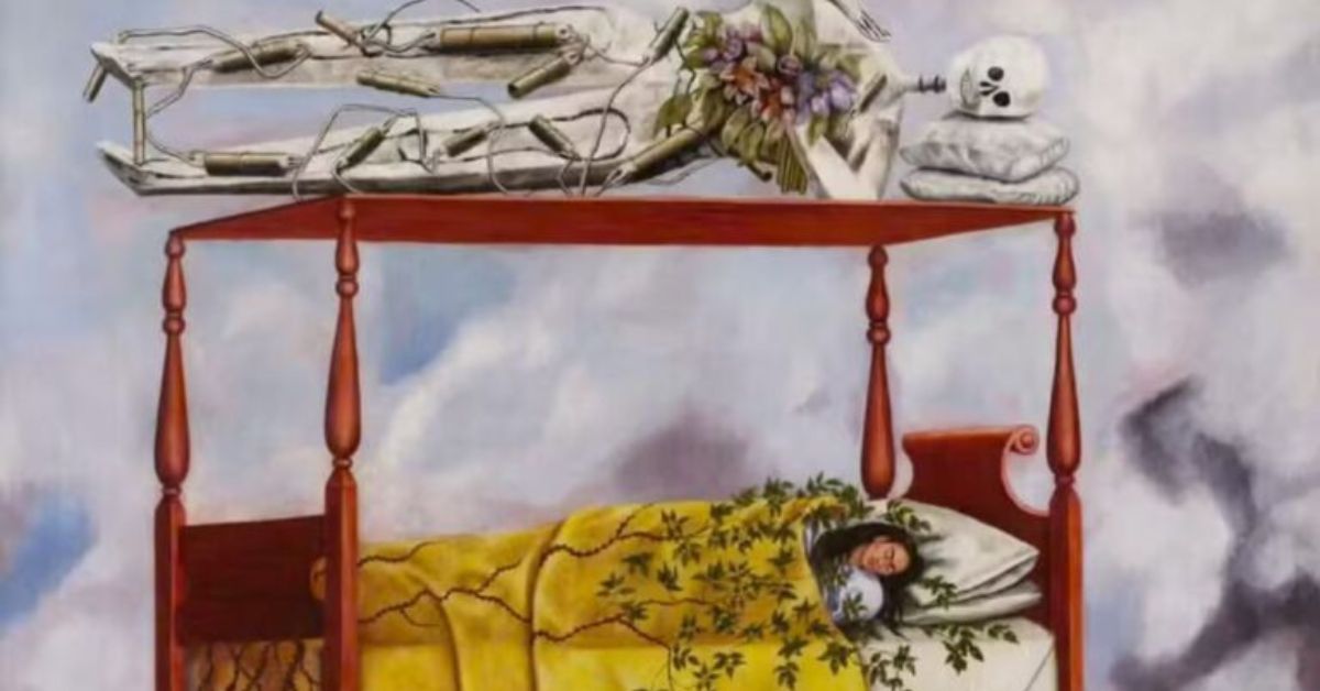 Obra mais cara de frida kahlo retrata cama colonial e esqueleto simbólico sobre a artista