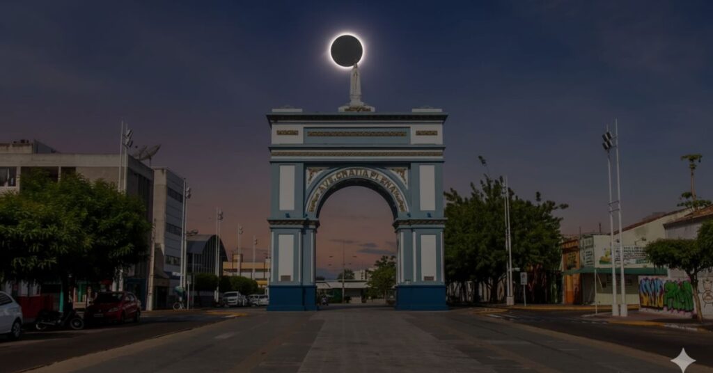 Eclipse de Sobral sobre o Arco de Nossa Senhora de Fátima em 1919 Title (atributo opcional): Eclipse de Sobral marcou a história da ciência mundial