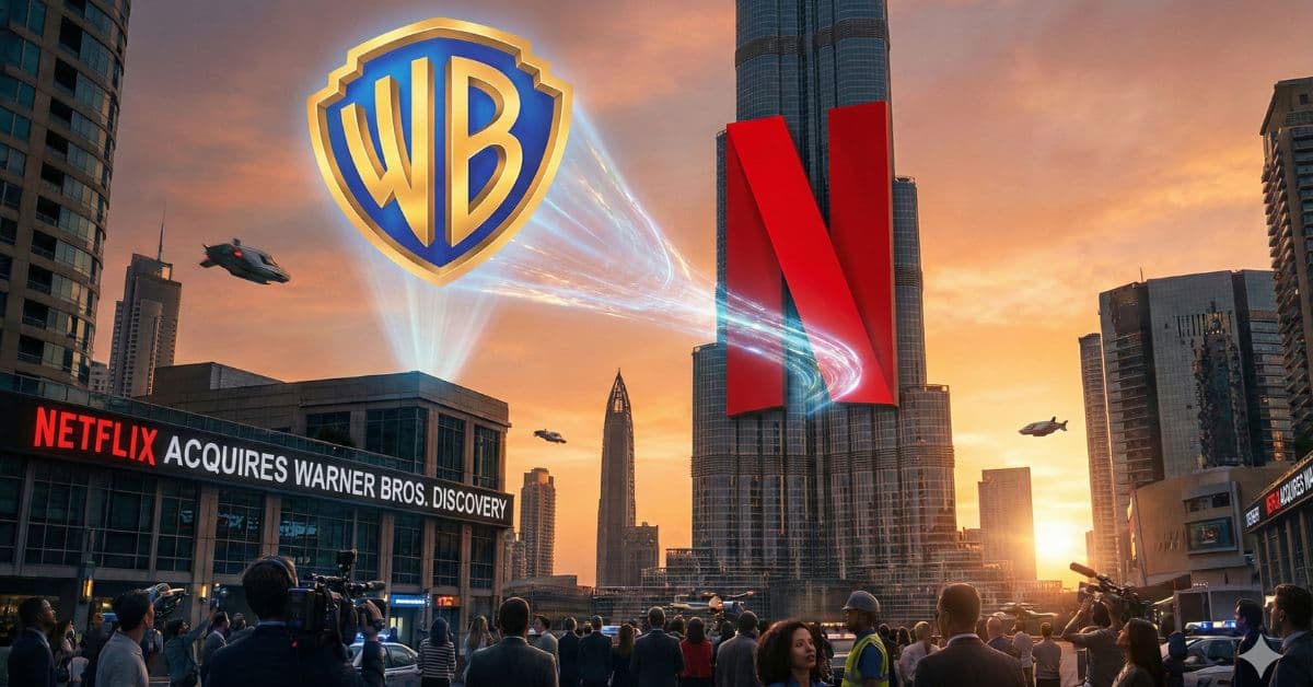 Montagem ilustrando o momento em que a Netflix compra Warner Bros com destaque para os dois logos
