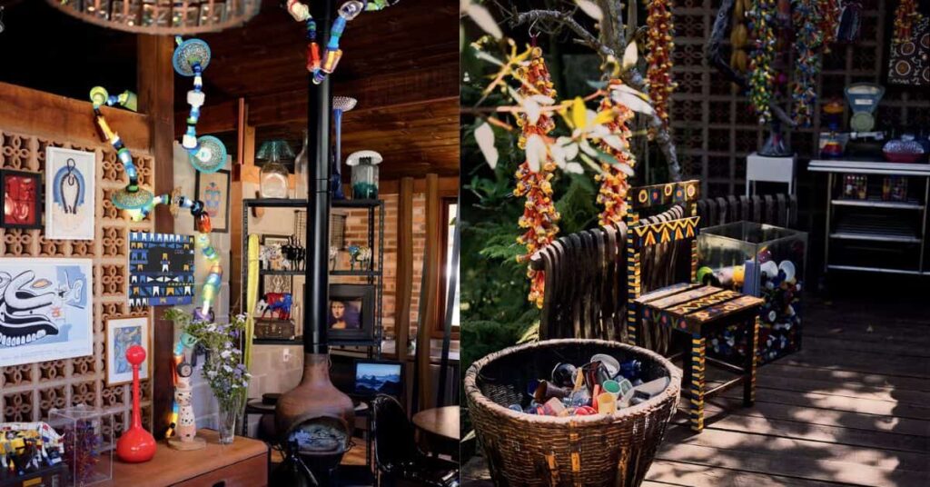 pirilampos do planeta no ateliê com obras feitas de materiais reaproveitados