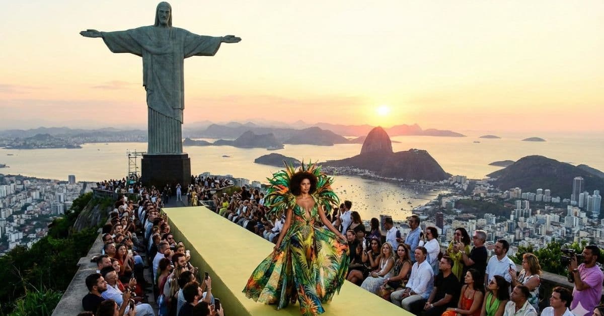 Desfile de moda no Rio com passarela ao ar livre e o Cristo Redentor ao fundo