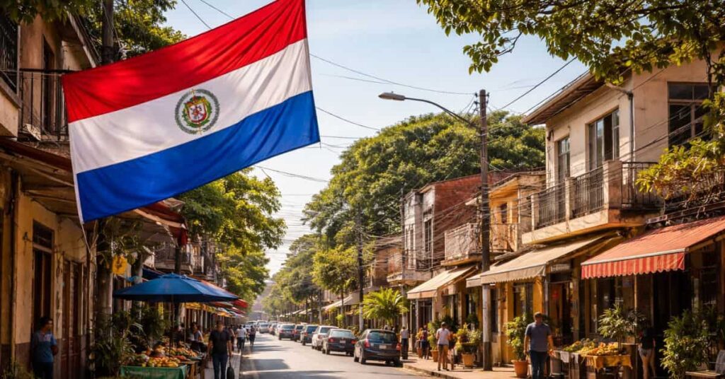 Morar no Paraguai: rua típica com bandeira paraguaia em área urbana