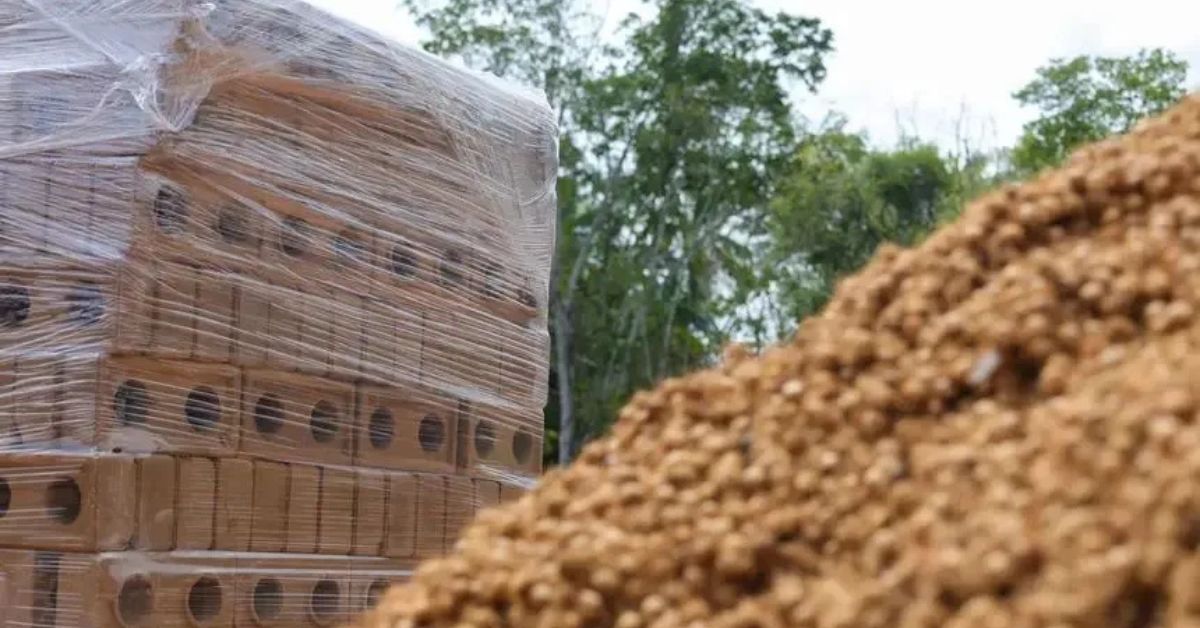 Tijolo de açaí empilhado para construção de casas sustentáveis no Pará