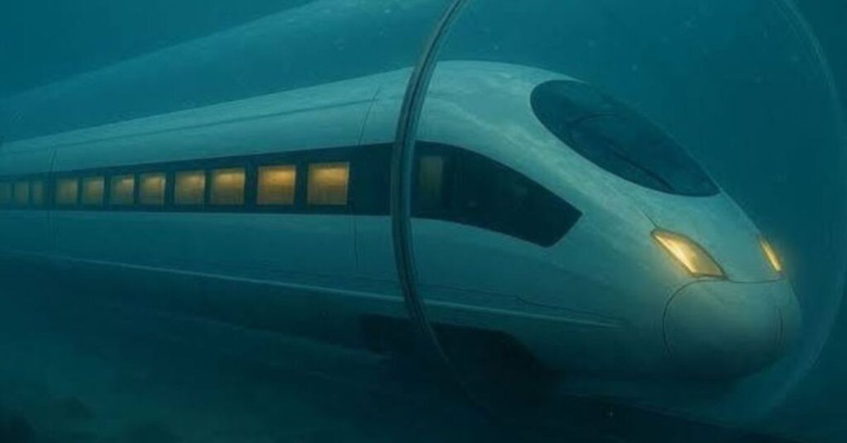 Trem de alta velocidade passando pelo Túnel Submarino Jintang em estrutura submersa sob o mar.