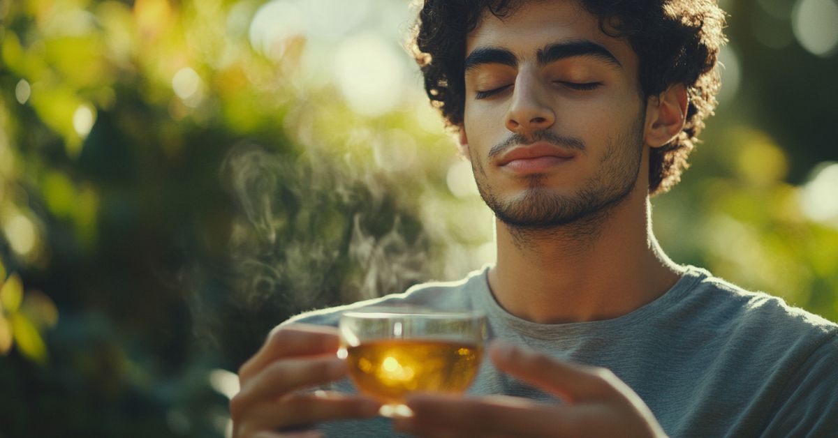 Imagem ilustra os benefícios do chá verde ao destacar a bebida fresca e suas folhas naturais.