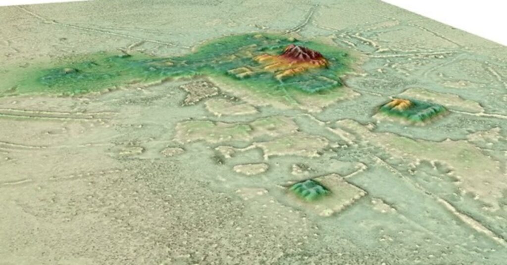 Pirâmides na Amazônia reveladas por LIDAR: modelo 3D do assentamento Cotoca da cultura Casarabe mostrando pirâmides cônicas, plataformas e canais na Bolívia