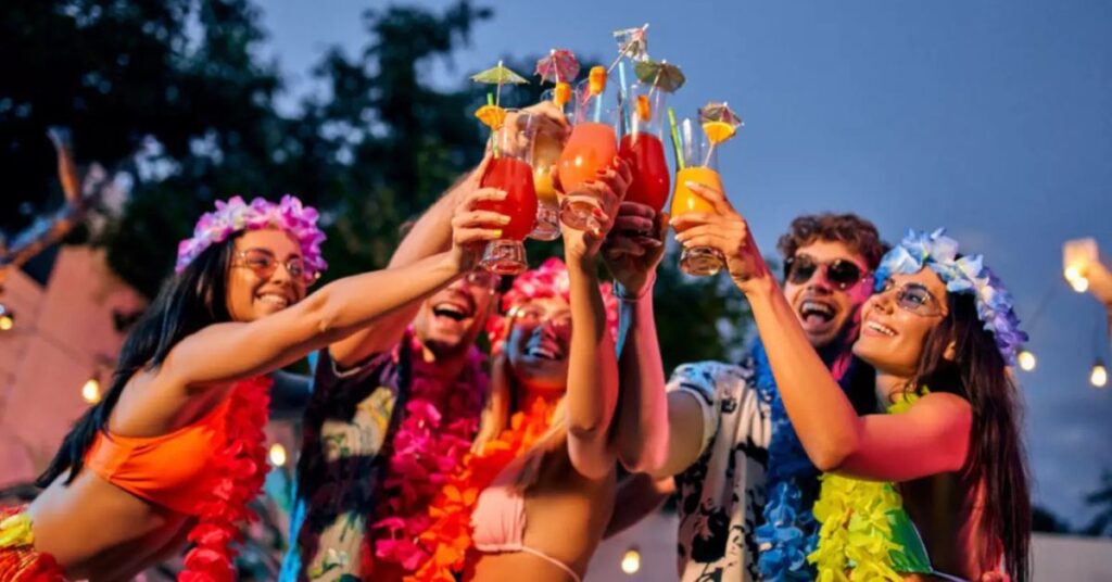 Grupo de foliões brindando com bebidas alcoólicas no Carnaval ao ar livre